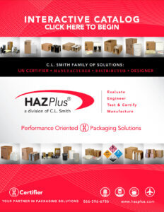 Red promotional graphic for HAZPlus, a division of C.L. Smith, showcasing innovative packaging solutions like the sleek bullet bottle. Features engaging packaging images, company logos, contact details, and a call to action: "Interactive Catalog - Click Here to Begin.